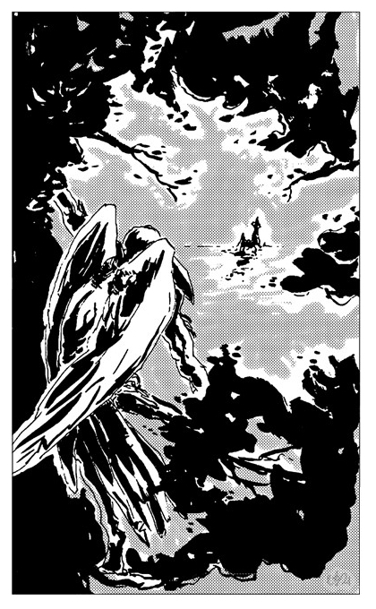 raven sits in a tree and looks at a city far away